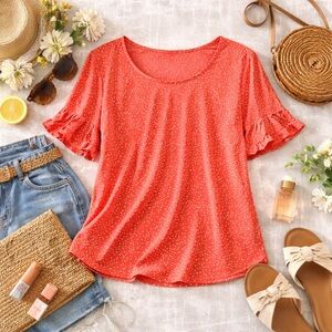 CURE Coral Polka Dot Flutter Sleeve Top | 3XL